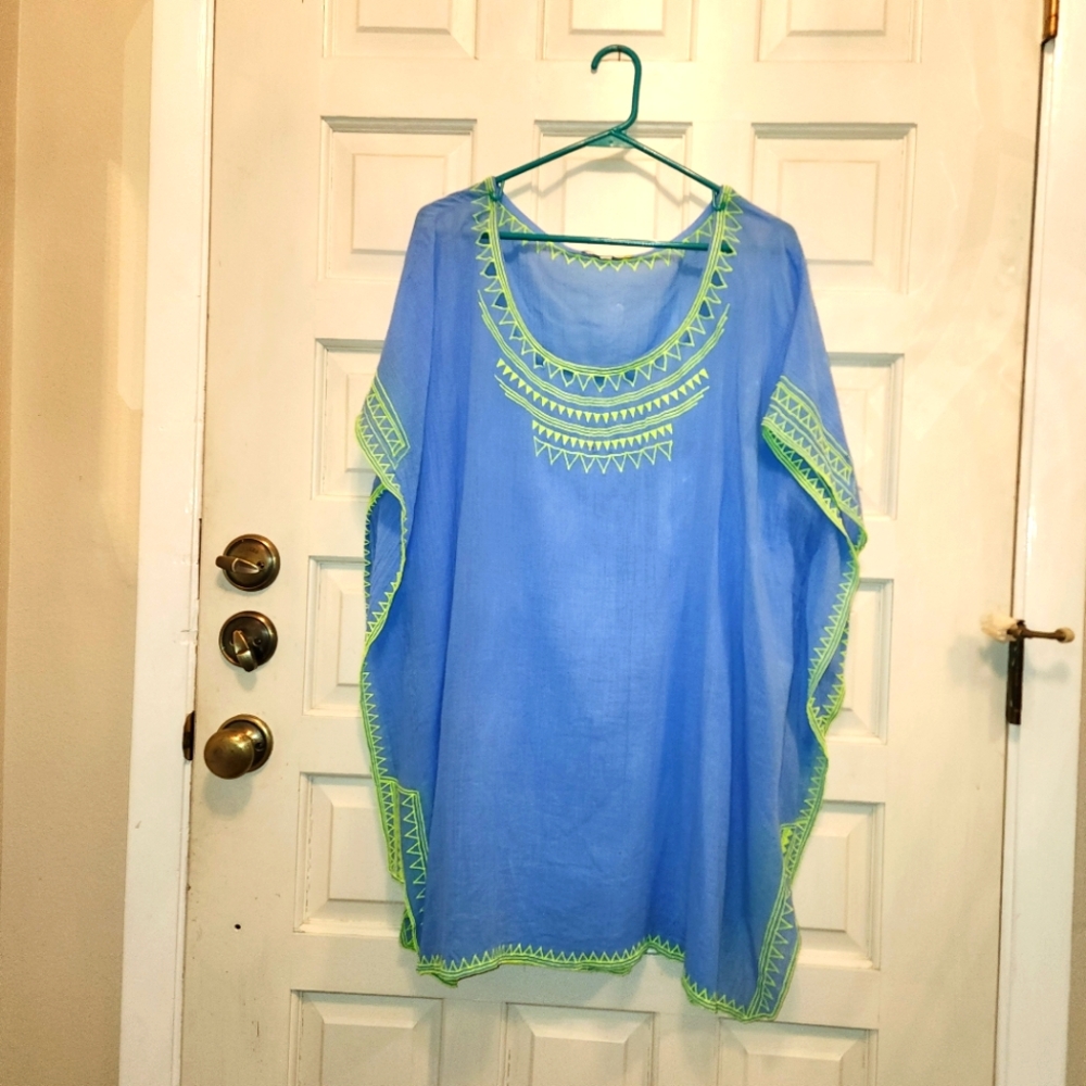 Coverup, Tunic Top Periwinkle Blue/lime green, Beachy, kimono, cotton, India